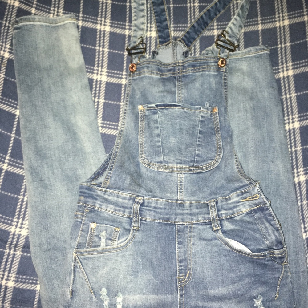 Dark wash skinny overalls